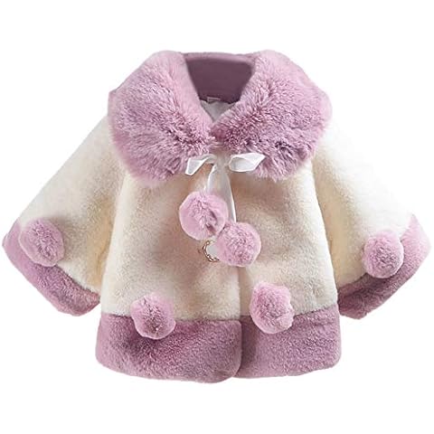 Aivtalk Baby Toddler Girl Winter Cute Cape Poncho Thick Jacket Fuzzy Coat with Pom Pom Cotton Warm Outerwear for Cold Weather 12-18 Months White and Purple Cover
