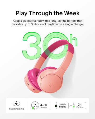 Belkin SoundForm Mini - Wireless Bluetooth Kids Headphones with 30H Battery Life, 85dB Safe Volume Limit, Built-in Microphone - Kids On-Ear Earphones for iPhone, iPad, Fire Tablet & More - Pink - Image 5