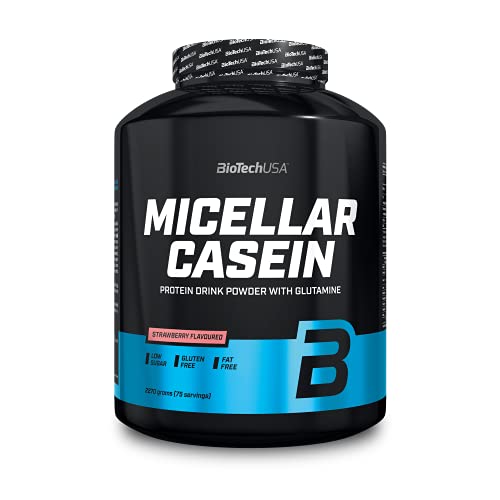 BioTechUSA Micellar Casein Protein Powder - Verlängerte Absorptionszeit, glutenfrei und fettfrei - L-Glutamin hinzugefügt, 2.27 kg, Erdbeere