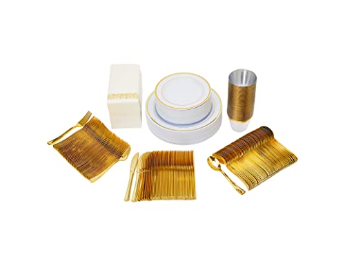 350 Pcs Gold Disposable Plastic Dinnerware Set For Party And Wedding 50 Guests Include 50 Plastic Gold Rim Dinner Plates 10.25" 50 Salad Plates 7.5" 50 Forks 50 Knives 50 Spoons 50 Cups 50 Napkins #TOP1