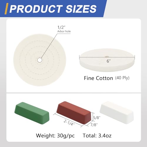 Image of SCOTTCHEN 6inch Buffing Polishing Wheels 1 /2 inch Arbor Hole,2 Pcs Fine (40Ply) for Bench Grinder,with Buffing Polishing Cutting Compound 4 Oz.Kit