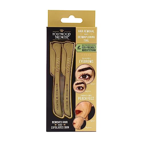 Hollywood Browzer - Navaja de cejas para la eliminación del vello no deseado y Dermaplaning/Exfoliación - Incluye bolsa protectora - Hecho de acero inoxidable alemán - 2 unidades - Color dorado