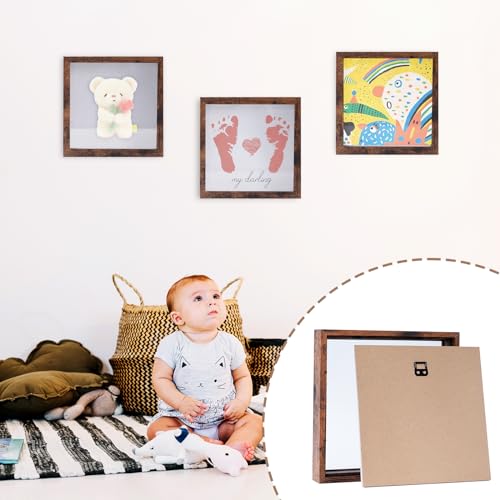 Image of Muzilife 8x8 Shadow Box Picture Frame with Linen Board - Deep Wood & Glass Display Case to Hang Memory Box Baby Sports Memorabilia, Pins, Awards, Medals, Wedding, Tickets and Photos, Rustic Brown
