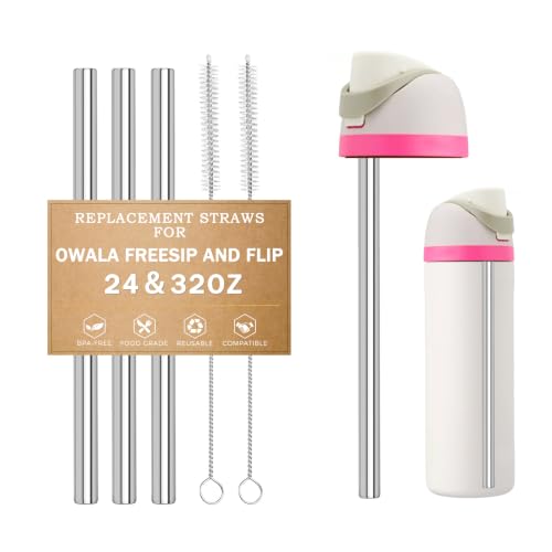Image of LUCKINEE 3pcs Replacement Straws for Owala Cup FreeSip /Flip 24oz 32oz | 8.27 Inch Long Reusable Straws, Metal Stainless Steel Straws for Owala Water Bottle, with 2Pcs Cleaning Brushes, BPA Free