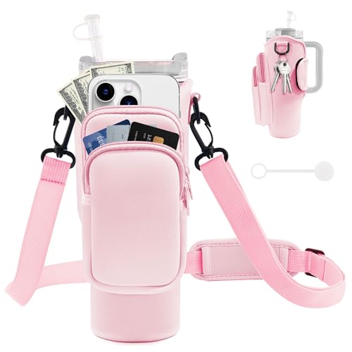 Image of Water Bottle Carrier Bag with Phone Pocket for Stanley Cup 40 /30 oz, Water Bottle Holder with Adjustable Strap& Straw Cover, Stanley Cup Accessories (Pink)