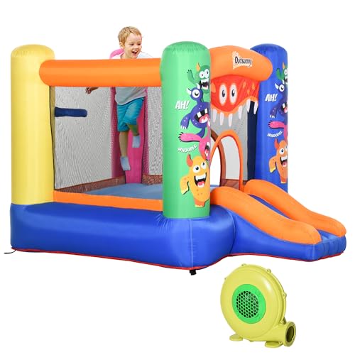 Outsunny 3-in-1 Kids Bouncy Castle with Slide Trampoline Basket, Inflatable Bounce House with Blower for Kids Age 3-8 Monster Design 2.5 x 1.8 x 1.75m