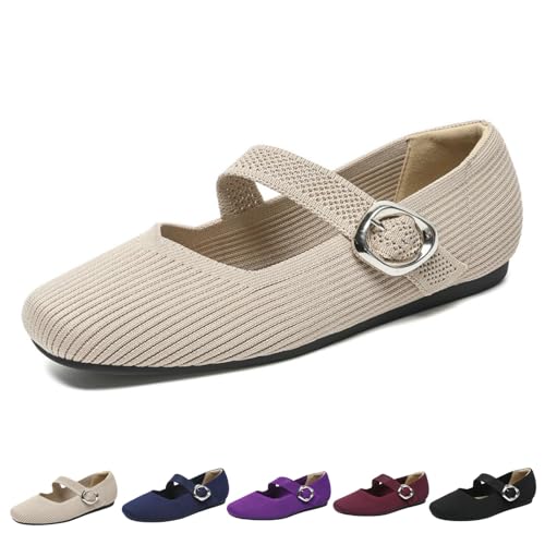 BHSQE Womens Barefoot Knit Flats Wide Toe Box Comfort Shoes with Arch Support Adjustable Casual Dress Shoes (Apricot Adult Women 6 Numeric US Footwear Size System Medium)
