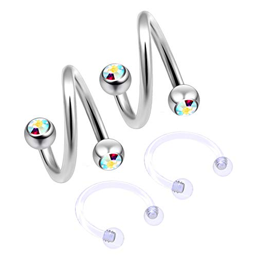 4pc 16g Twister Cartilage Barbell Eyebrow Spiral Belly Button Ring Helix Twist Daith Navel 16 Gauge Victoria Clit Hood Earring Hoop Tragus Retainer - Aurora Borealis 10mm