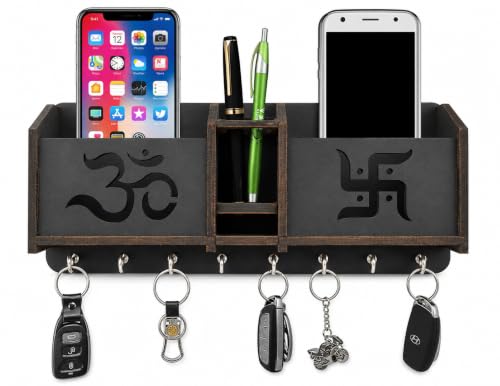 Image of Wooden Om Design TV Remote Mobile Stand Key and Pen Holder for Home, Office, Hall, Living Room Pocket Pen Special Designer Home Furnishing Two Box Wall Mounted Wall Keys Holder
