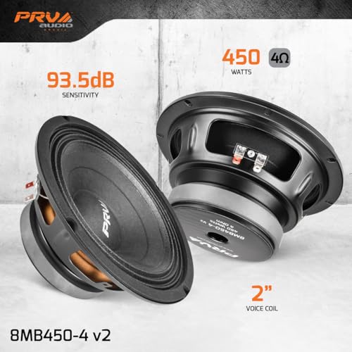 Image of PRV AUDIO 8MB450-4 v2 8 inch Mid Bass Speaker 4 Ohm Pro Audio Speaker 93.5dB 450 Watts 2 inch Voice Coil (Single)
