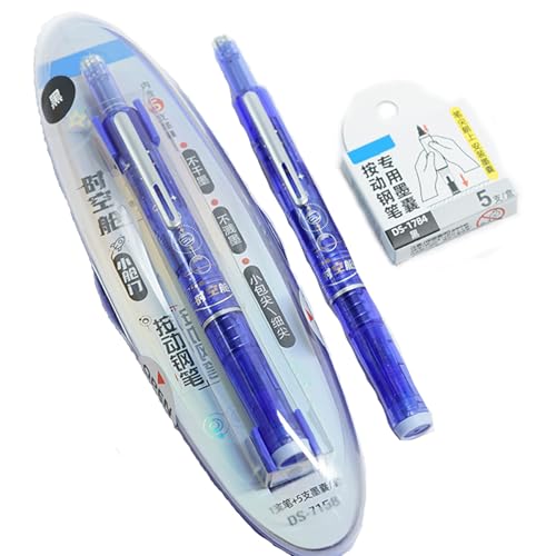 Retractable Fountain Pen 0.38mm Fine Nib - Blue & Black Ink, Transparent Barrel, 5 Refillable Ink Cartridges, Smooth Writing No Leak, Click Mechanism for Convenience (Dark Blue)
