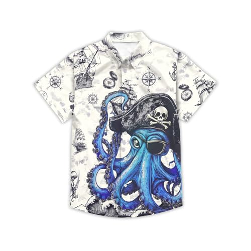 Image of THE PIRATE KING Funny Pirate Hawaiian Shirt Boys Girls Beach Tropical Casual Short Sleeve Button Down Shirt for 5-14 Years