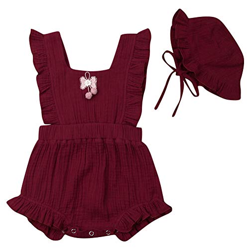 Baby Girls Flutter Sleeve Ruffle Romper Cotton Linen Pompom Bodysuit with Hat Clothes Set (6-12M, Burgundy Red)