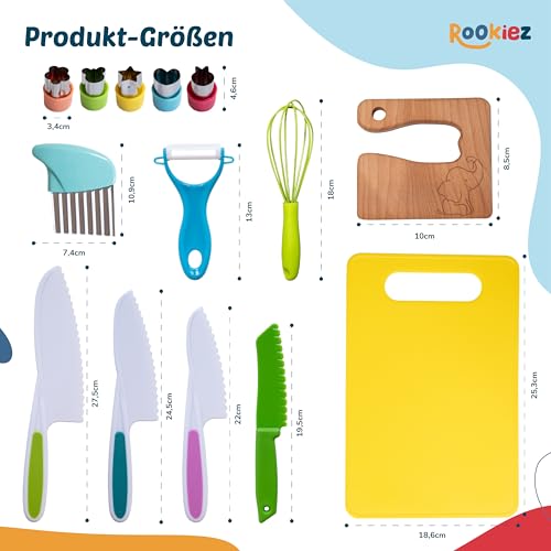 Rookiez - Kindermesser 15-teiliges - Kinderküche Sicherheit Küchenmesser zum schneiden von Gemüse und Obst - Kinderküche Zubehör - Montessori Spielzeug – Geschenk 2 Jahre Junge und Mädchen