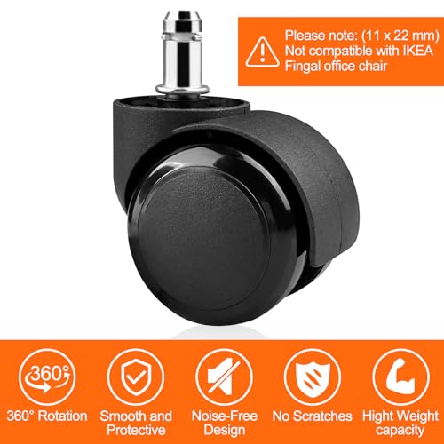 Gvolatee 5 stück Bürostuhl Rollen Stift 11MM X 22MM, Hartbodenrollen für Gaming-Stühle, Stuhlrollen Doppelrad-Design, Leise Kratzerfrei Ersatzrollen für Parkett Laminat Steinboden Fliesen, Schwarz