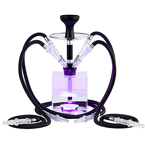 4 Hose Hookah Set Complete Hookah Accessory Silicone Hookah Bowl 4 Leather Hose Coal Tongs Magical Remote LED Light Modern Design for Better Modern Shisha Better Shisha Hookah Narguile Smoking(4 Hose)