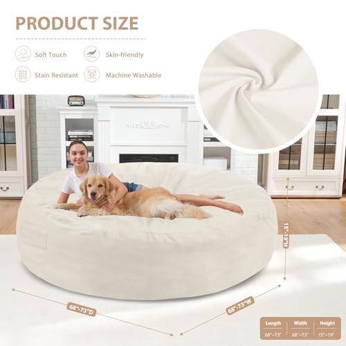 7FT Bean Bag Chair, Large Bean Bag Chairs with Memory Foam Filled, Fluffy Beanbag Sofa with Dutch Velvet Cover, Round BeanBag Chairs for Living Room, Playroom - Beige