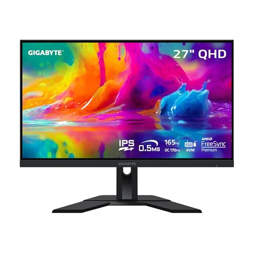 GIGABYTE M27Q 27″ 165Hz 1440P -KVM Gaming Monitor, 2560 x 1440 SS IPS Display, 0.5ms (MPRT) Response Time, 92% DCI-P3, HDR Ready, FreeSync Premium, 1x Display Port 1.2, 2x HDMI 2.0, 2x USB 3.0