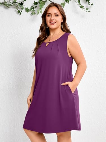 Image of AusLook Plus Size Summer Midi Dress for Women Sleeveless Casual A Line Swing Dress with Pockets Keyhole Neck Beach 1X-5X