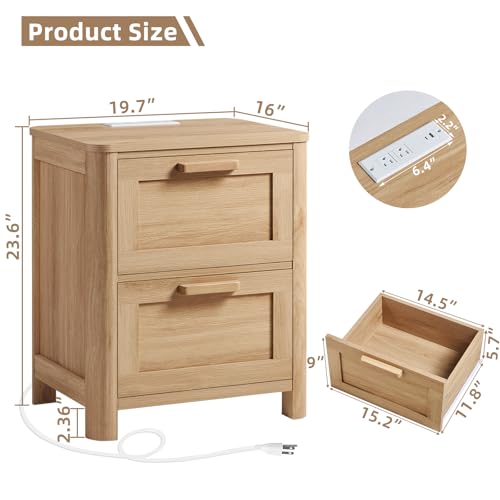 Image of Joaxswe Farmhouse Night Stand Set of 2 with Charging Station, Natural | Bedside Tables Set of 2 for Bedroom with 2 Deep Drawers & 4 Noise-Reducing Feet & Rounded Corners