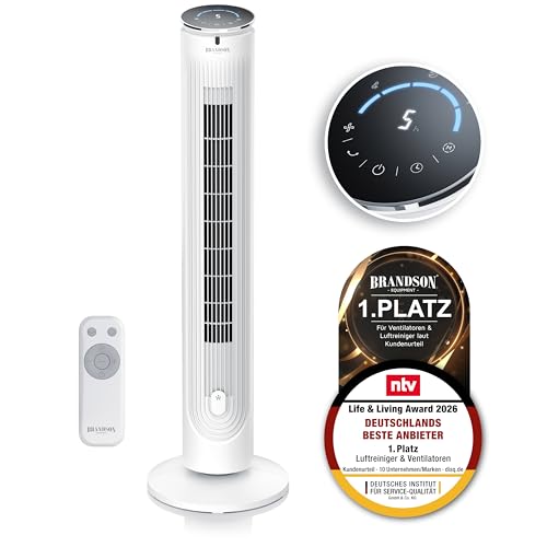 Brandson - Turmventilator mit Fernbedienung - Aromafach sehr leise - Sieger Ventilatoren und Luftkühler 2026 - Sleep Modus Oszillation - Timer 4 Modi 5 Geschwindigkeitsstufen weiß