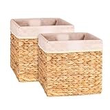 ATEDIR Wicker Storage Cubes, Water Hyacinth Storage Baskets with Handles & Liners, Natural Foldable Square Storage Baskets for Shelves, Wardrobes 10.3x10.3x10.7 Inch, Set of 2