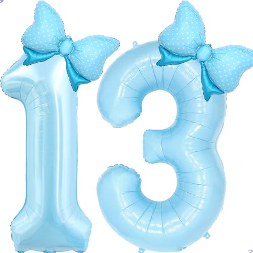 Image of Light Blue 13 Balloon Number Blue Coquette Birthday Decorations for Girls, Blue Bow Balloons Foil Mylar Large 40 inch 13 Balloon for Girls Bows Coquette 13th Birthday Party Decorations Supplies