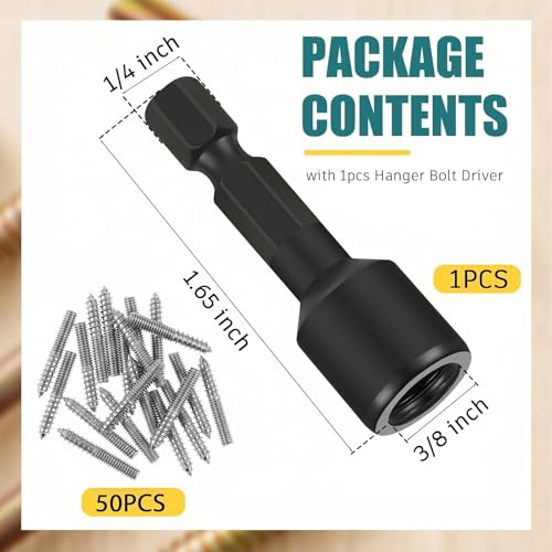 Image of Hicarer 50 Pack 3 /8-16 x 3 Inch Hanger Bolts Double Headed Bolts with Driver Self Tapping Screw Threaded Rod Screws for Furniture Double Headed for Wood Furniture Joint, Silver