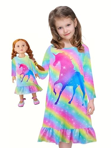 Bow Dream Girl Dress Cute Cartoon and Matching American Girl Doll Clothes Accessories for Girls Dresses Rainbow