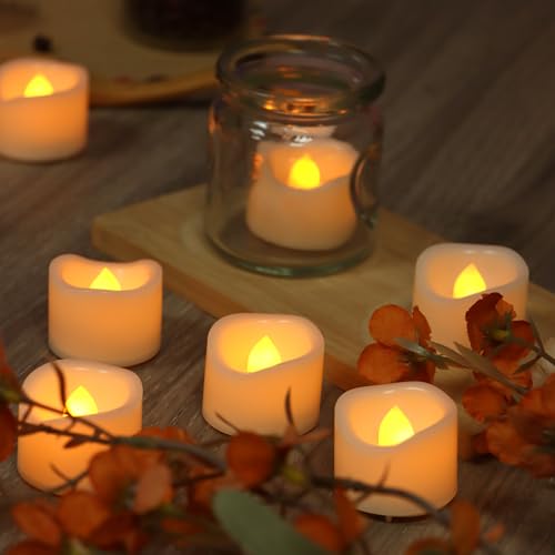 Image of CANDLE CHOICE Battery Operated Flameless Tea Lights Bright Flickering LED Tealight Votive Candles for Wedding Party Table Centerpieces Halloween Christmas Decoration Batteries Incl Amber Light 12 Pack