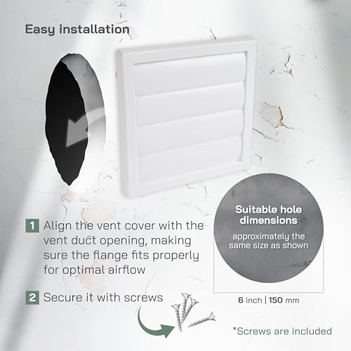 Vent Systems Duża osłona powietrza wylotowego 150 mm, biała, osłona suszarki, osłona odpowietrzająca, kratka dopływu powietrza z tworzywa sztucznego, 190 x 190 mm