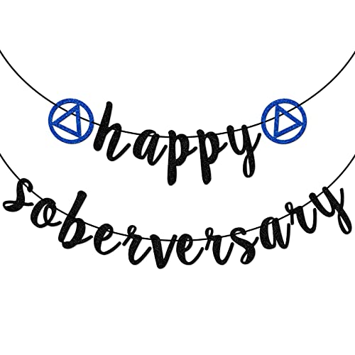 Happy Soberversary Banner, Pre-strung Happy Sobriety Banner, Celebrate Recovery Party Decor, Happy Sober Anniversary Decoration, Soberiety Gifts for Men or Women (Black Glitter) by BOOGIE BEAR - Used condition - US$8.90