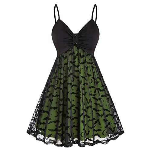 Genérico Vestido de noche elegante para mujer, estilo patio, estampado de Halloween, gasa de doble capa, escote en V, verde, XXL