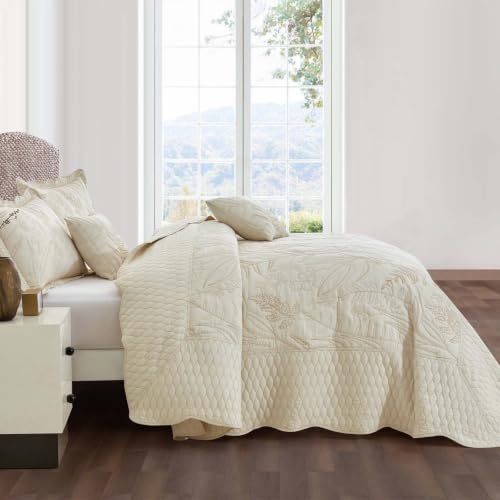 Image of Bedspread oversized Full 96x110,Beautiful Leaf Stitching,5 PC,Ivory