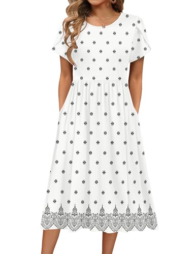 Image of HOTOUCH Women's Summer A-Line Midi Dresses 2026 Casual Floral Short Sleeve T-Shirt Dress Flowy Beach Sundress with Pockets
