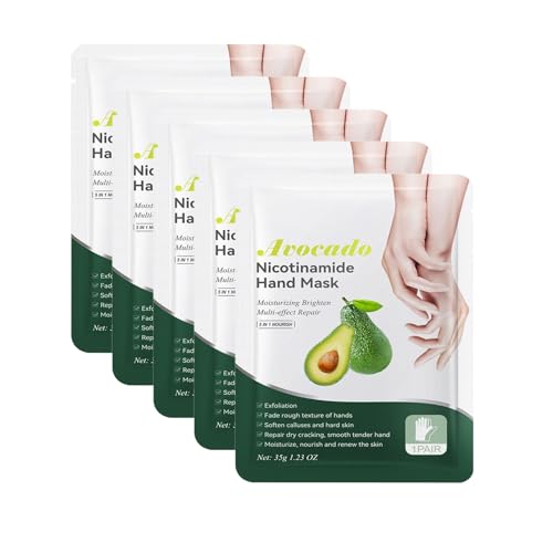 5 Pairs Guantes Hidratantes con Mascarilla, Mascarilla de Aguacate para Manos, Hand Mask, para Manos Secas, Hidrata y Humecta, Reparación de daños ásperos para Hombres y Mujeres