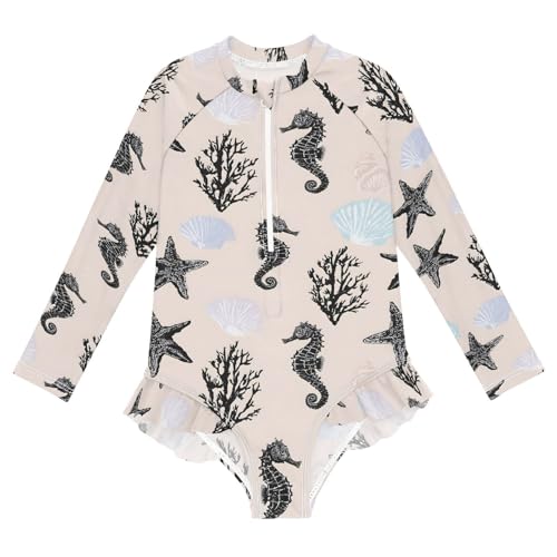 ALAZA Black Seahorse Star Coral Reef Girls One Piece Swimsuit Long Sleeve Rash Guard Swimsuits UV 50+ Swimwear Zipper