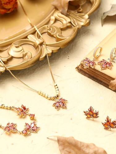 Sasylvia 4 Pcs Autumn Maple Leaf Fall Jewelry Set for Women Necklace Rhinestone Bracelet 2 Maple Leaf Earring Accessory Gift3