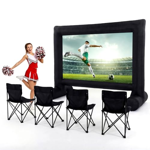 Threehoney 16 ft Inflatable Projector Screen with 4 Camping Chairs, Air Blower, Carry Bag, Easy Set Up, Front and Rear Projection, Blow up Movie Screen Outdoor for Backyard, Home Theater, Movie Night