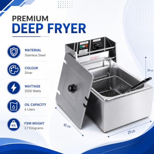 Image of Modern India Kitchenware 6 Litre Electric Deep Fryer, Stainless Steel Commercial Kitchen Appliance with Temperature Control
