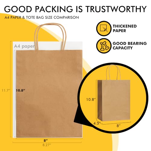 Image of RACETOP Brown Kraft Gift Paper Bags 50 Pack 8x4.5x10.8 in with Handles