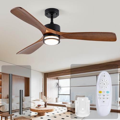 Image of 52 inch Outdoor Ceiling Fan with Light, 3 Walnut Solid Wood Blade, Remote Control, 3CCT Dimmable LED, Timer, 6-Speed Reversible Motor All-Weather Use for Living Room or Patio