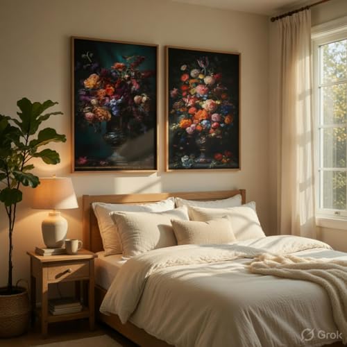 Image of Livin'luxe Vintage Floral Vase Wall Painting Set of 2 with Wooden Frames | Classic Flower Bouquet Artwork HD Sparkle Laminated MDF Wall Decor | Elegant Botanical Wall Art for Living Room Bedroom