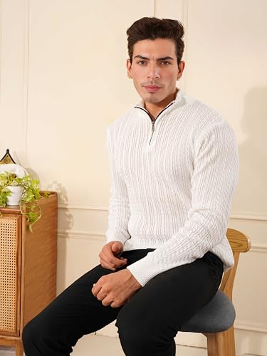 Image of Kvetoo Men's Full Sleeve High Neck Zipper Sweater| Warm Cable Knit Quarter Zip Pullover | Wool Winter Sweater for Casual & Office Wear