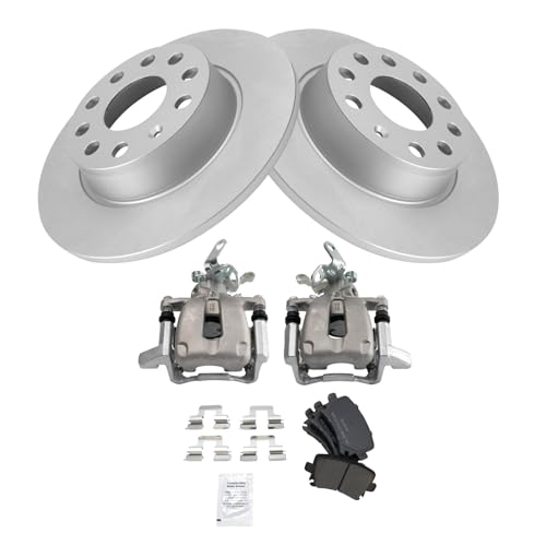 Image of TRQ Rear Brake Pad and Rotor Set Semi Metallic Coated Rotors Calipers Compatible with 2010 Volkswagen Golf Jetta