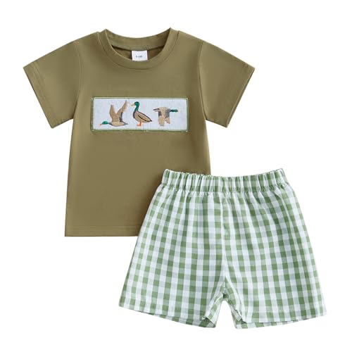 Image of SAYOO Kids Baby Boys Duck Hunter Clothes Mallard Duck Embroidery T-shirt Casual Plaid Shorts Toddler Hunting Baby Outfit