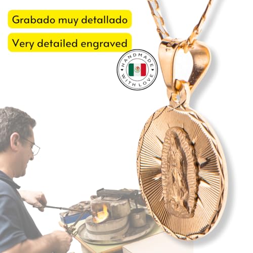 Virgen de Guadalupe round gold medal necklace, 14k gold laminated Chain with charm Our Lady of Guadalupe, Virgin Mary pendant Necklace, Religious Catholic Jewelry with gift box3
