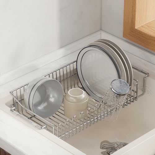 VOLPONE Dish Drainer Rack 304 Stainless Steel Dish Rack Extendable (Adjustable from 38.5 to 51.5 cm) Dish Drainer Basket Above Sink Kitchen Washing Utensils Kitchenware Dish Rack Drainer Rack VOLPONE