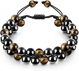 Emibele Triple Protection Bracelet, Amethyst Black Obsidian & Hematite Tiger Eye Bracelet Handmade Natural Stone Bracelets, Healing Crystal Bracelet for Men Women Brings Luck Prosperity & Happiness