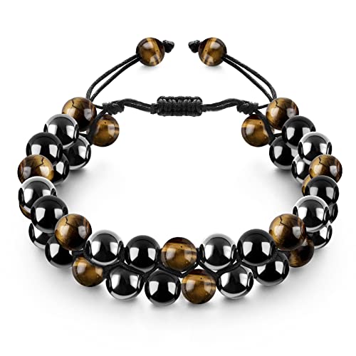 Emibele Œil de Tigre Bracelet Triple Protection, Double-Couche Bracelet Obsidienne Bracelets Pierre Naturelle Bracelet Hématite Pendentif de Poignet, Bracelet Tissé à la Main Réglable Homme Femme Cover